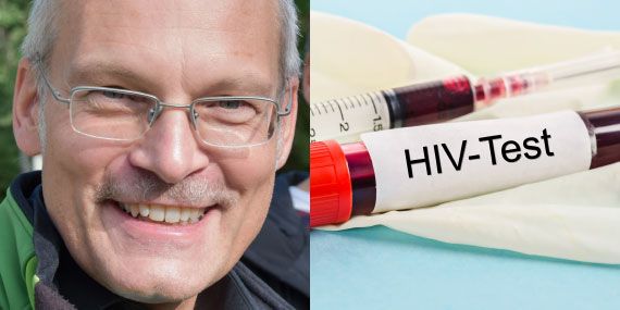 Collage: Porträtfoto: Prof. Dr. Johannes Bogner, Nahaufnahme: HIV-Teströhrchen mit Blutprobe.