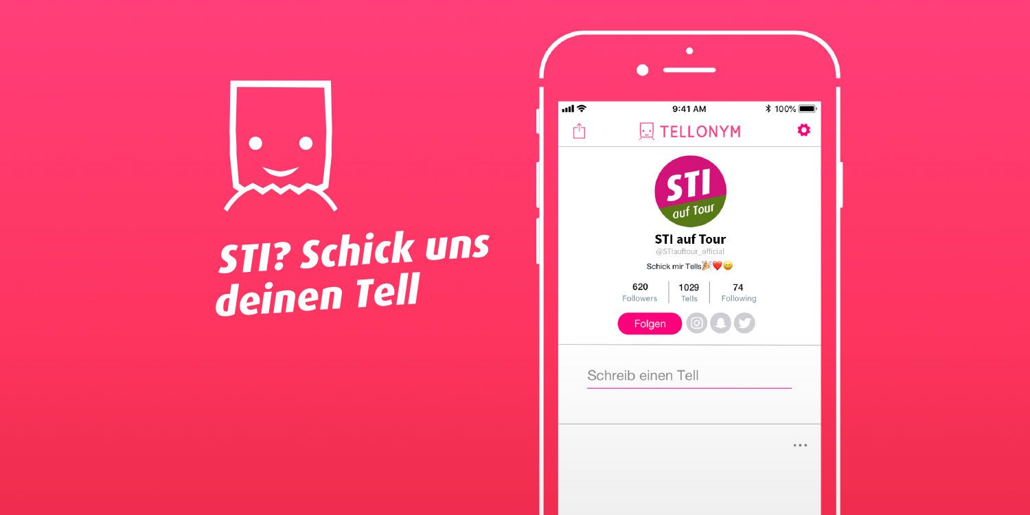 Illustration: Handy und Symbol der Messenger-App Tellonym. Text: STI? Schick uns deinen Tell!