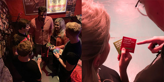 Collage. Bild 1: Melanie Huml und ChrisTezz im Gespräch mit mehreren Clubgästen. Bild 2: 2 Clubbesucher mit Kondomen von „STI auf Tour“.