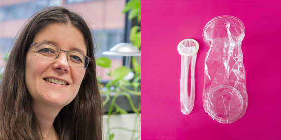 Links: Porträtfoto: Dr. Viviane Bremer. Rechts: Nahaufnahme: ein Kondom und ein Femidom nebeneinander.