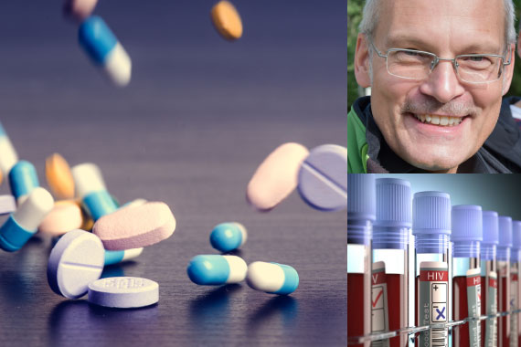 Collage: Links: Nahaufnahme: verschiedene Tabletten. Oben: Porträtfoto: Prof. Dr. Johannes Bogner. Unten: Nahaufnahme: Röhrchen mit Blutproben.
