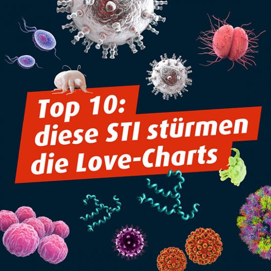 Text: TOp 10: diese STI stürmen die Love-Charts, mit verschiedenen STI-Mikroskopaufnahmen im Hintergrund.